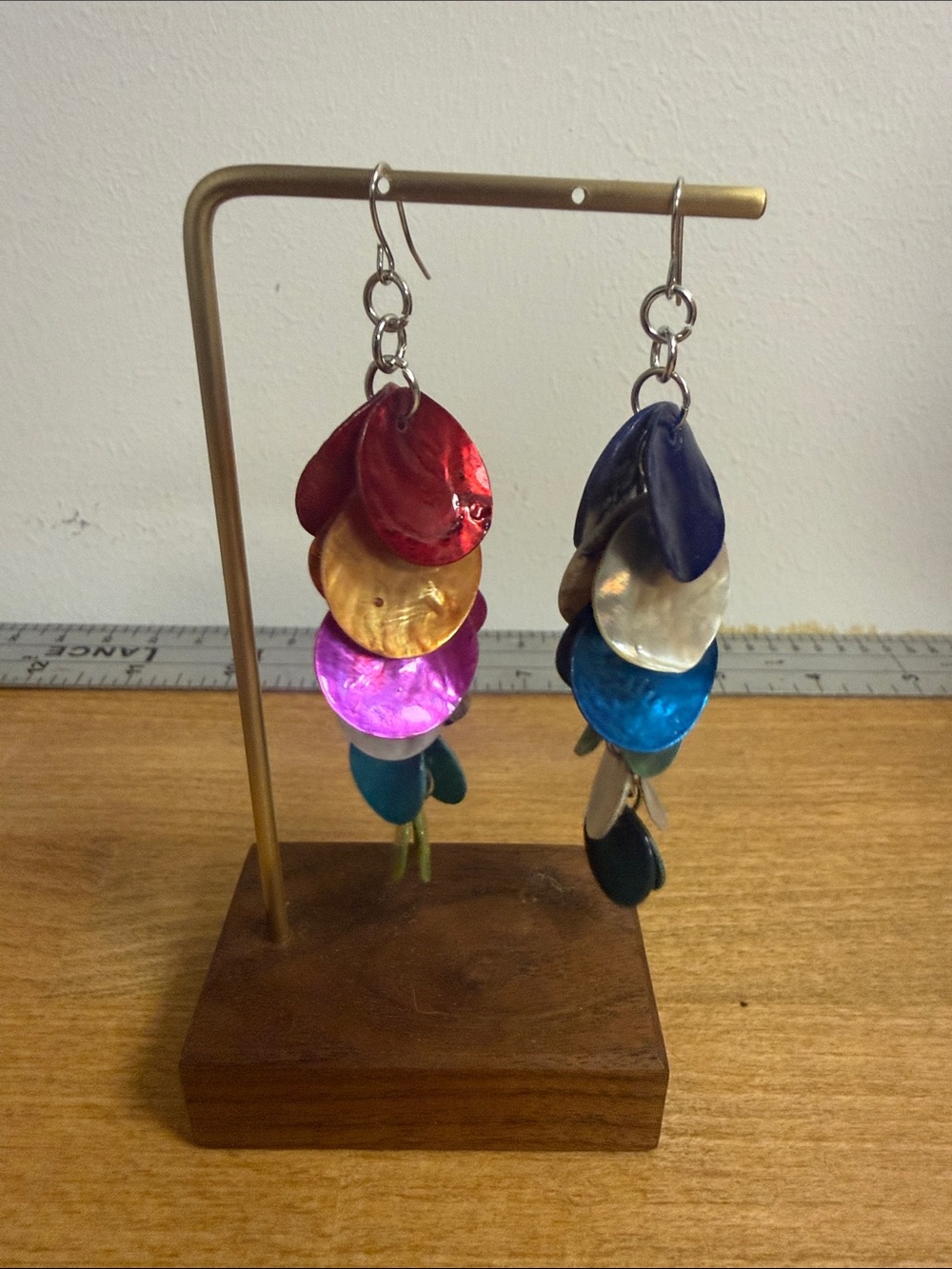 Large statement colorful drop dangle shell piece earrings rainbow mismatch